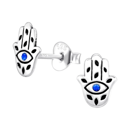 Hamsa hand - 925 Sterling Silver Ear Studs With Crystal Stones