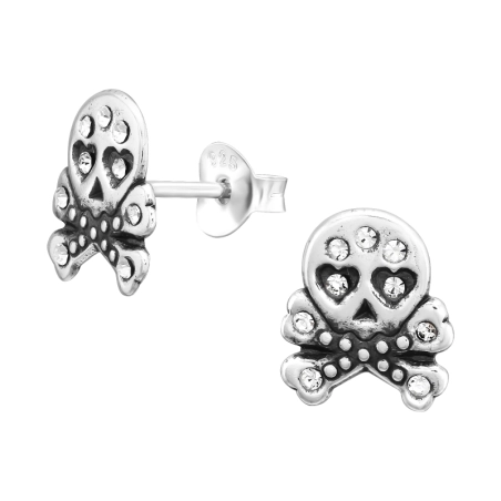 Skull & Bones - 925 Sterling Silver Ear Studs With Stones