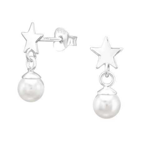 Silver Star with hanging pearl - 925 Sterling Silver Plain Ear Studs
