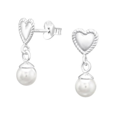 Heart with hanging pearl - 925 Sterling Silver Plain Ear Studs