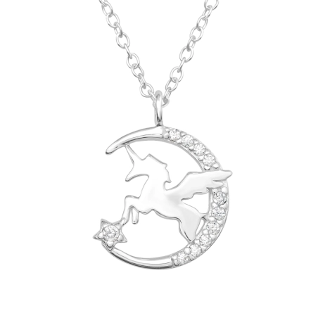 Unicorn and Moon - 925 Sterling Silver Necklace With Stones