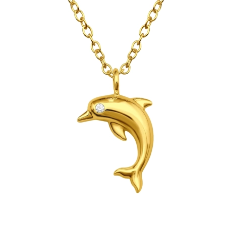 Golden Dolphin jumping - 925 Sterling Silver Necklace With Stones