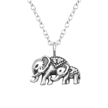 Mom & Son Elephant - 925 Sterling Silver Necklace With Stones
