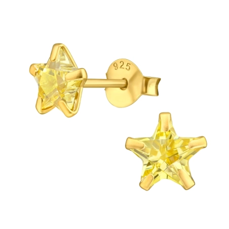 6mm star zirconia gold plated - 925 Sterling Silver Basic Ear Studs
