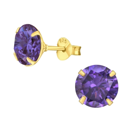 8mm round zirconia gold plated - 925 Sterling Silver Basic Ear Studs