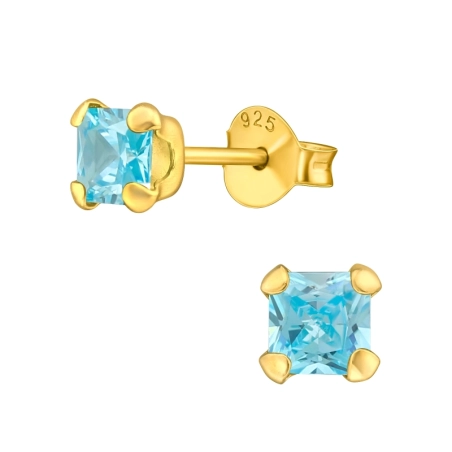 4mm Square zirconia gold plated - 925 Sterling Silver Basic Ear Studs