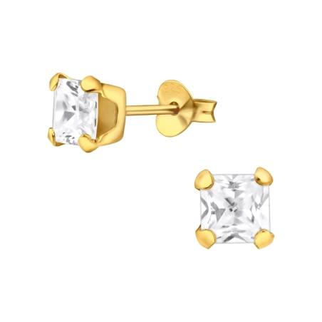5mm Square zirconia gold plated - 925 Sterling Silver Basic Ear Studs