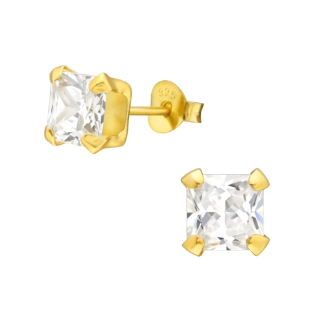 Golden Square 6mm Zirconia - 925 Sterling Silver Basic Ear Studs
