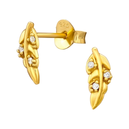 Gold plated Leaf - 925 Sterling Silver Ear Studs With Zirconia Stones