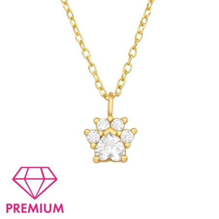 Golden Paw Print Zirconia - Premium* - 925 Sterling Silver Necklaces With Silver Chains