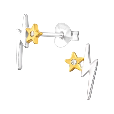 Lightning Bolt two tones - 925 Sterling Silver Ear Studs With Zirconia Stones