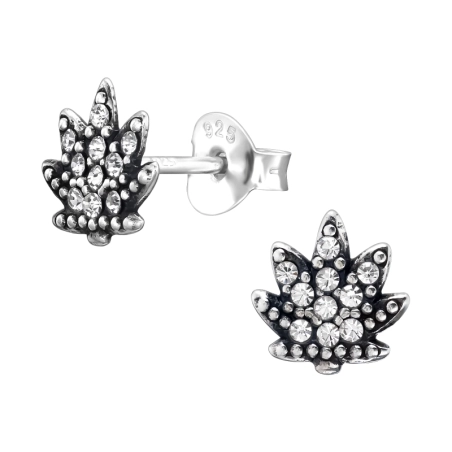 Cannabis Leaf - 925 Sterling Silver Ear Studs with Crystal stones