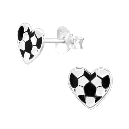 Laser Cut Heart Soccer Ball - 925 Sterling Silver Ear studs with enamel colors