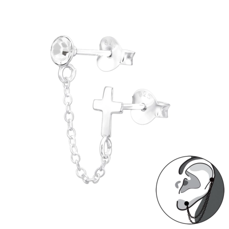 Cross - 925 Sterling Silver Double-sided Ear Studs