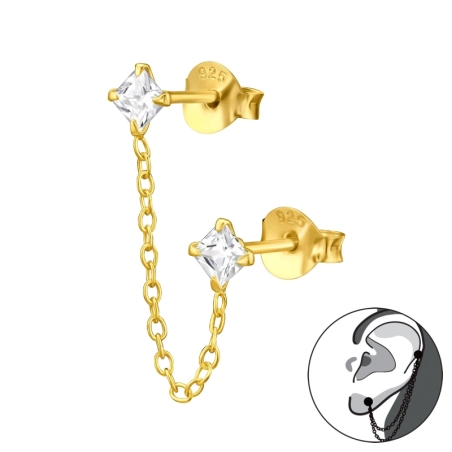 Double Zirconia studs with chain - 925 Sterling Silver Double-Sided Ear Studs