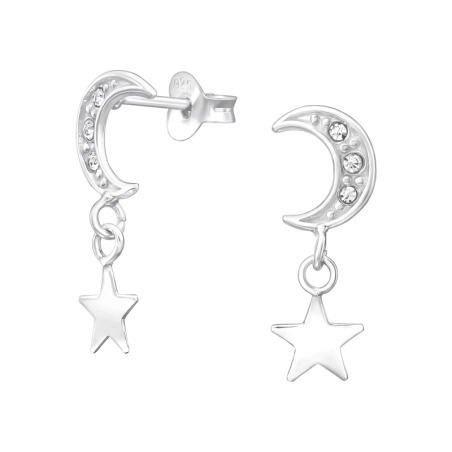 Moon with hanging Star - 925 Sterling Silver Ear Studs With Crystal Stones