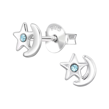 Star on crescent Moon - 925 Sterling Silver Ear Studs With Crystal Stones