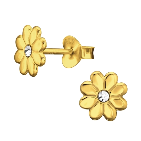 Gold plated Flower - 925 Sterling Silver Ear Studs With Crystal Stones