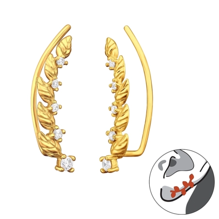 Gold plated leaf with zirconias - 925 Sterling Silver Ear Cuffs And Ear Pins