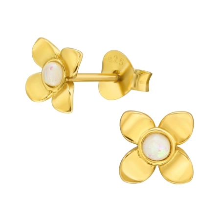 Golden Flower with white Opal - 925 Sterling Silver Ear Studs With Semi-Precious Stones
