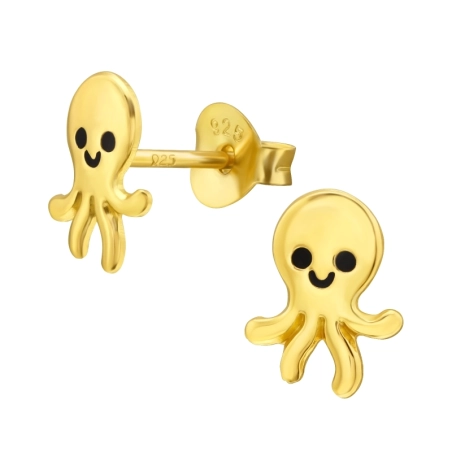 Golden octopus smiling - 925 Sterling Silver Ear Studs With Enamel Colors