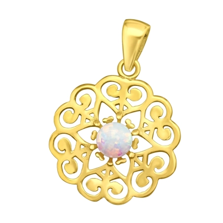Golden Flower with Opal - 925 Sterling Silver Pendants With Zirconia Stones