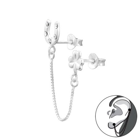 Double Stud Clover & Horseshoe - 925 Sterling Silver Double-Sided Ear Studs