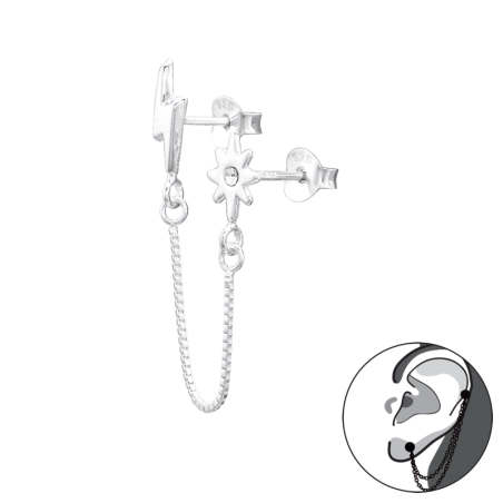 Lightning Bolt & Star - 925 Sterling Silver Double-Sided Ear Studs
