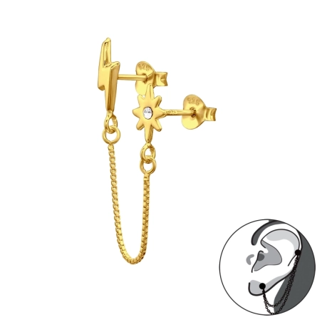 Golden Lightning Bolt And Star - 925 Sterling Silver Double-Sided Ear Studs