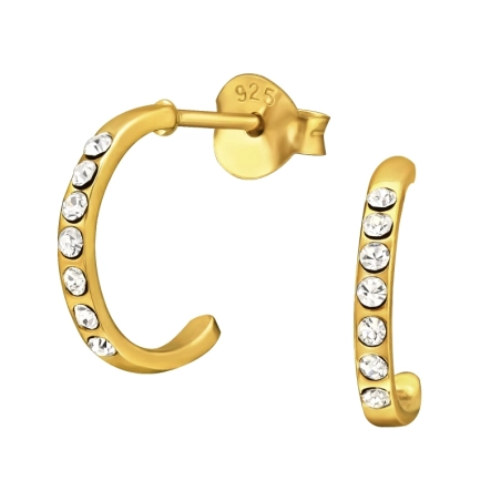Gold Half Hoop with crystals - 925 Sterling Silver Ear Studs With Crystal Stones