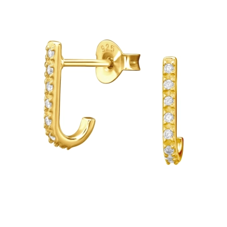 Golden Curved - 925 Sterling Silver Ear Studs With Zirconia Stones