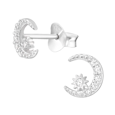 Moon - 925 Sterling Silver Ear Studs with Zirconia stones