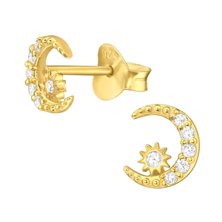 Golden Moon with zirconia - 925 Sterling Silver Ear Studs With Zirconia Stones