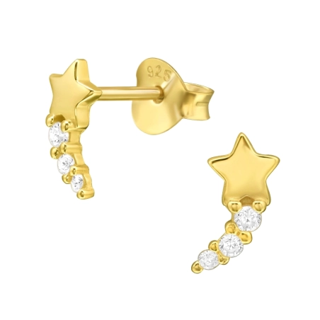 Golden Shooting Star - 925 Sterling Silver Ear Studs With Zirconia Stones