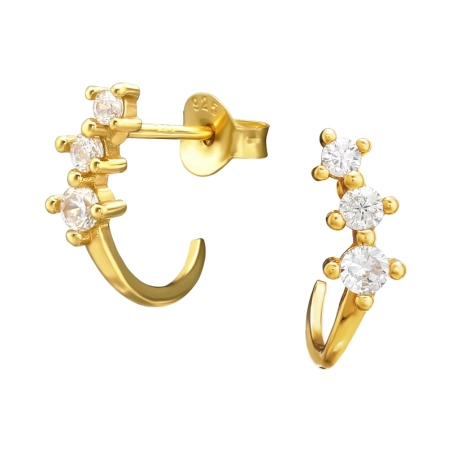Zirconia in golden curved Geometric - 925 Sterling Silver Ear Studs With Zirconia Stones
