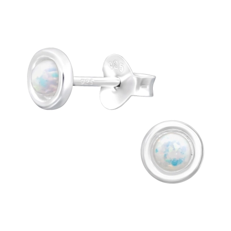 Fire Round Opal - 925 Sterling Silver Ear Studs With Semi-Precious Stones