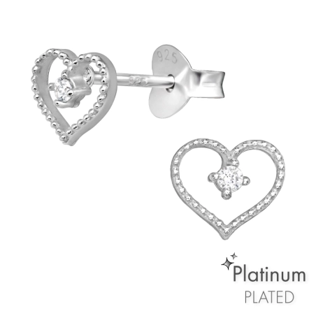 Heart - Rhodium heart with Zirconia - 925 Sterling Silver Ear Studs With Zirconia Stones
