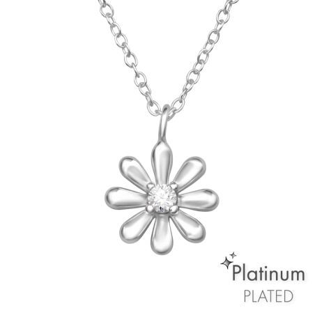 Flower with Zirconia - Platinum - 925 Sterling Silver Necklace With Stones