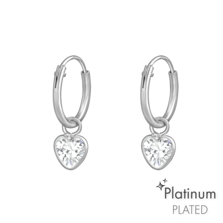 Hanging Heart zirconia - Platinum - 925 Sterling Silver Ear Hoops