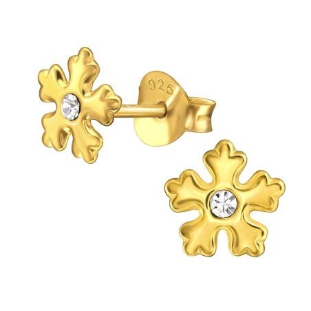 Golden Snowflake - 925 Sterling Silver Ear Studs With Crystal Stones