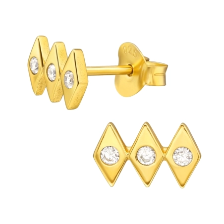 Golden 3x diamond shape Geometric - 925 Sterling Silver Ear Studs With Zirconia Stones