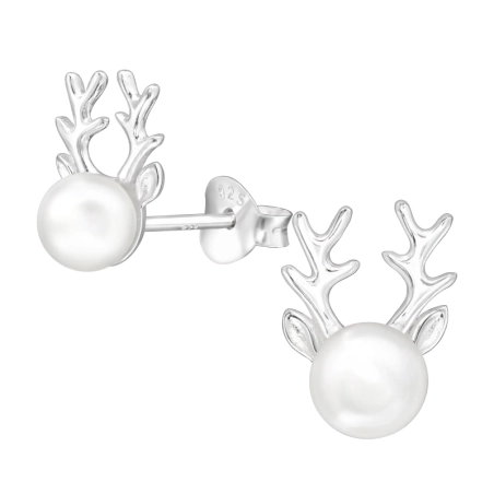 Deer with pearl - 925 Sterling Silver Ear Studs With Pearls
