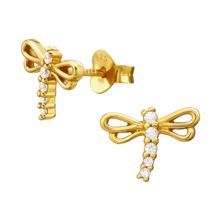 Golden Dragonfly - 925 Sterling Silver Ear Studs With Zirconia Stones