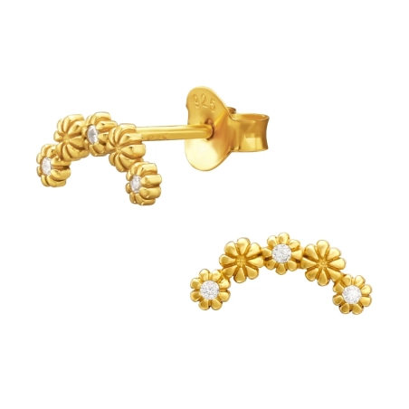 Golden Flowers - 925 Sterling Silver Ear Studs With Zirconia Stones