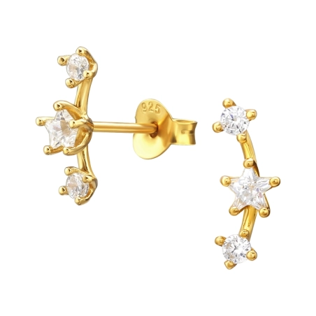 Golden stars aligned - 925 Sterling Silver Ear Studs With Zirconia Stones