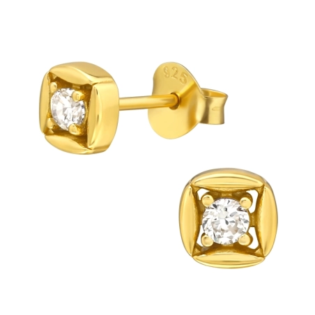 Golden Square inside round - 925 Sterling Silver Ear Studs With Zirconia Stones