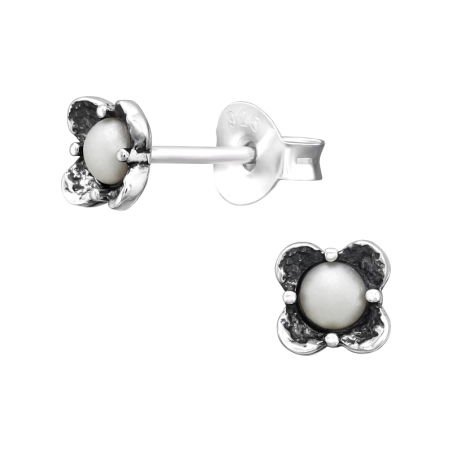 Oxidized Flower with pearl - 925 Sterling Silver Ear Studs With Pearls