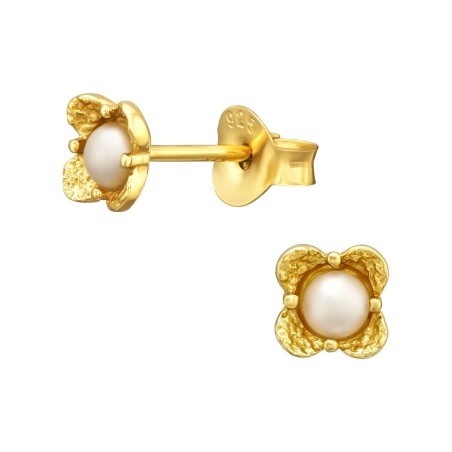 Golden Flower with pearl - 925 Sterling Silver Ear Studs With Pearls