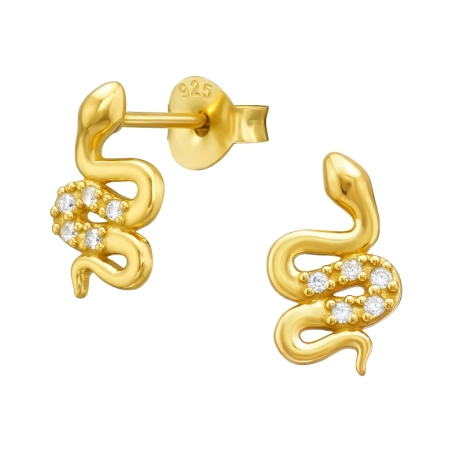 Golden Snake with white zirconias - 925 Sterling Silver Ear Studs With Zirconia Stones