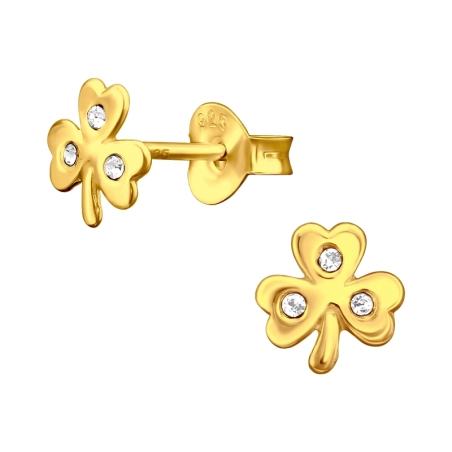 Golden Three Leaf Clover - 925 Sterling Silver Ear Studs With Stones